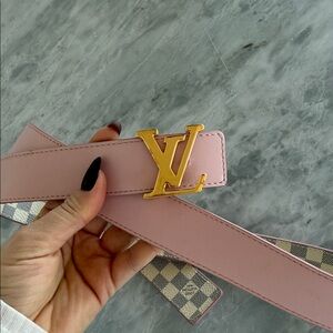 Louis Vuitton Pink Leather Belt with Gold LV Buckle and Damier Reverse